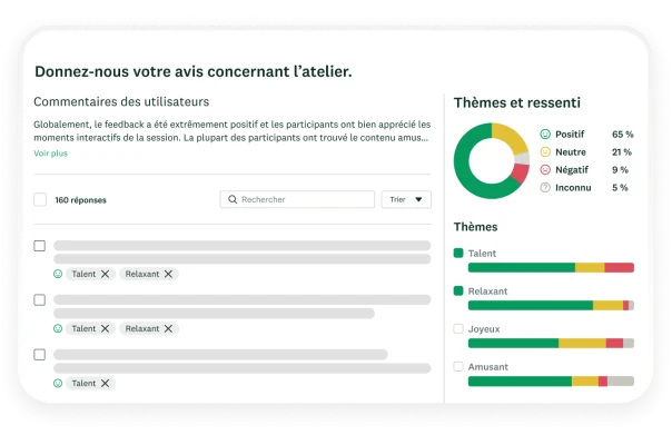 Graphiques illustrant l’analyse des thèmes et du ressenti pour un sondage