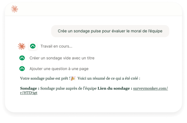 Interface illustrant la création d’un sondage pulse via un assistant IA, avec génération d’un lien de partage dans SurveyMonkey