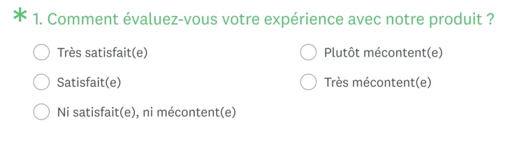 La question portant sur le score de satisfaction client dans le produit SurveyMonkey