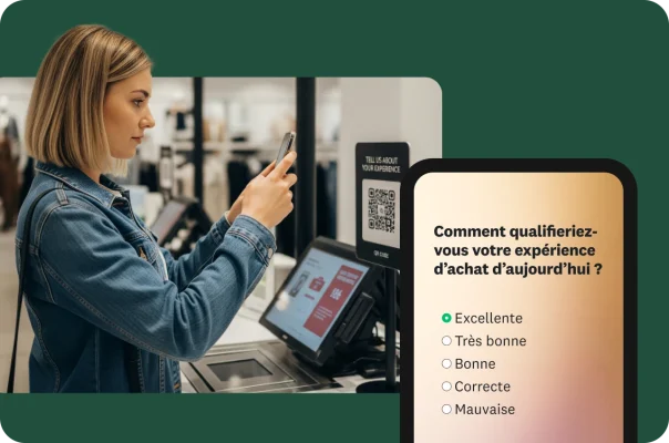 Une femme en train de scanner un code QR avec son téléphone devant une caisse, avec la question « Comment qualifieriez-vous votre expérience d’achat d’aujourd’hui ? » en incrustation