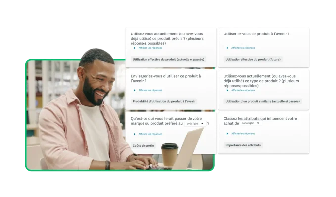Homme souriant, travaillant sur un ordinateur portable, avec en incrustation diverses suggestions de questions de sondage