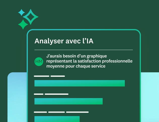 Un volet Analyser avec l’IA avec un prompt sur la satisfaction professionnelle moyenne pour chaque service et un graphique à barres pour les résultats.