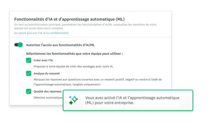 Une capture d’écran montrant l’activation des fonctionnalités d’IA et d’apprentissage automatique dans SurveyMonkey