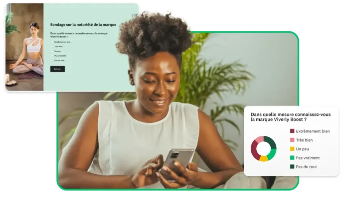 Une femme en train de taper sur son téléphone avec, en incrustation, une capture d’écran d’un sondage de notoriété de la marque et un graphique présentant les résultats