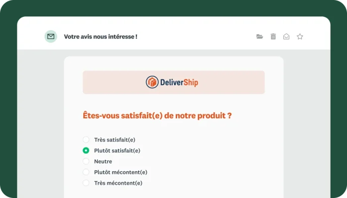 Extrait d’un sondage DeliverShip sur la satisfaction produit intégré dans un email.