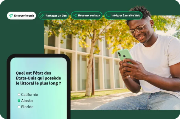 Un homme souriant, en train de regarder son smartphone avec, en incrustation, une question de quiz géographique et différentes options pour diffuser le quiz.