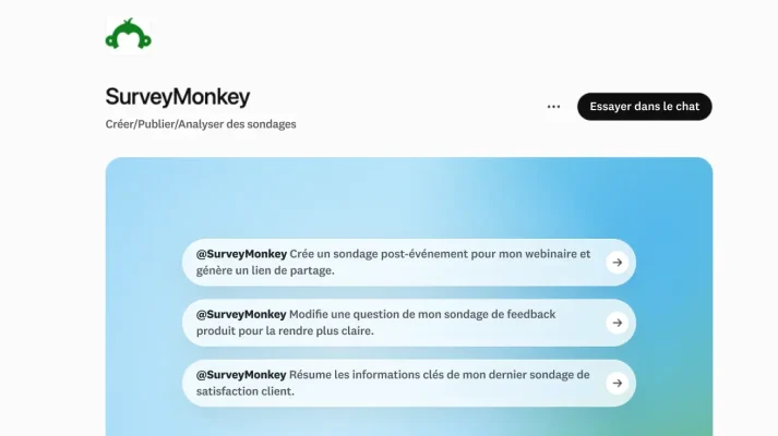 Interface de l’intégration ChatGPT SurveyMonkey, avec des exemples de prompts demandant de créer et de modifier des sondages et d’en résumer les résultats en utilisant l’IA