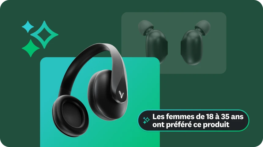 Photo d’un casque audio noir avec, en incrustation, la mention « Les femmes de 18 à 35 ans ont préféré ce produit ».
