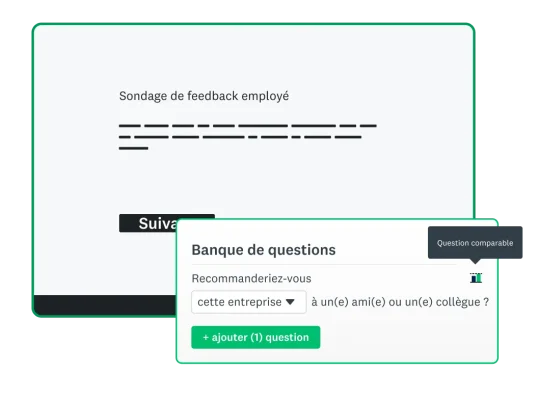 Capture d’écran de sondage de feedback employé avec, en incrustation, la fonctionnalité de banque de questions
