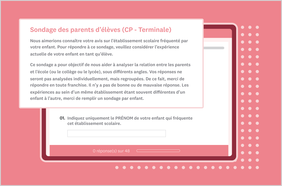 Capture d’écran d’un modèle de sondage pour parents d’élèves (CP-Terminale)