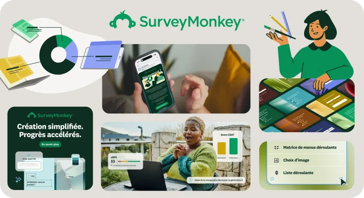 Tableau de bord présentant des exemples de la nouvelle identité visuelle de SurveyMonkey