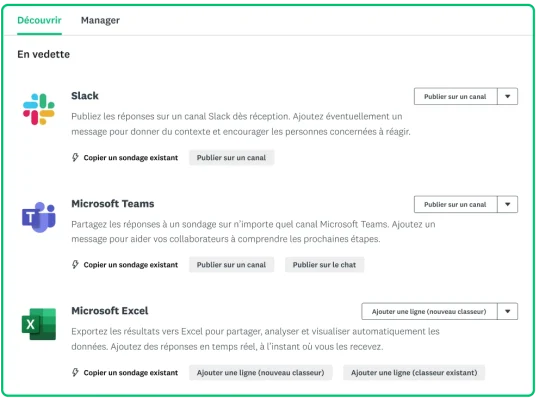 Capture d’écran de SurveyMonkey montrant 3 applications disponibles dans Connect : Slack, Microsoft Teams et Microsoft Excel