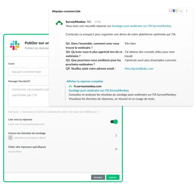 Capture d’écran montrant le partage des réponses de sondage dans un canal Slack via SurveyMonkey Connect