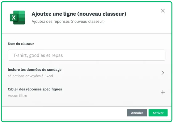 Capture d’écran montrant comment ajouter une ligne à un classeur Microsoft Excel via l’application SurveyMonkey Connect