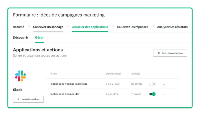 Capture d’écran de SurveyMonkey montrant l’application Slack disponible via Connect