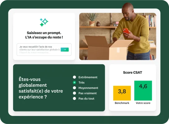 Capture d’écran d’une fenêtre indiquant à l’utilisateur de saisir un prompt et de laisser l’IA faire le reste, avec un prompt disant « Je veux recueillir l’avis de nos clients sur leur satisfaction globale à l’égard de notre entreprise », une question de sondage demandant aux participants s’ils sont globalement satisfaits de leur expérience, et un graphique à barres comparant votre score au benchmark CSAT