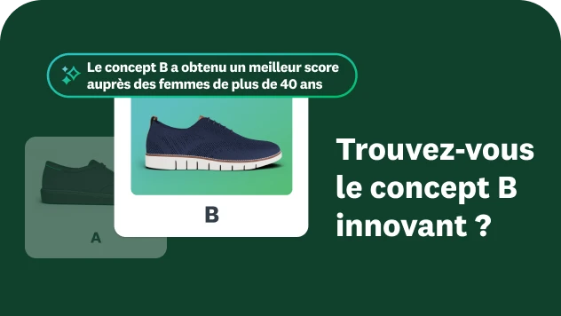Images de deux chaussures différentes, pour lesquelles un encart indique que le concept B a un score plus élevé chez les femmes de plus de 40 ans