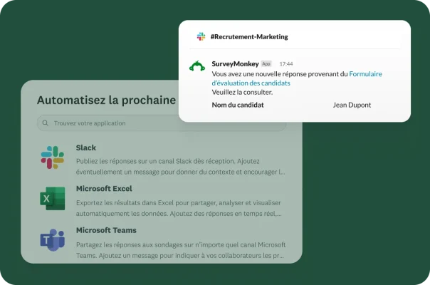 Capture d’écran d’un menu permettant d’intégrer les données à Slack, Microsoft Excel et Microsoft Teams. En incrustation, une notification Slack issue de SurveyMonkey informant de la réception d’une nouvelle réponse à un formulaire.