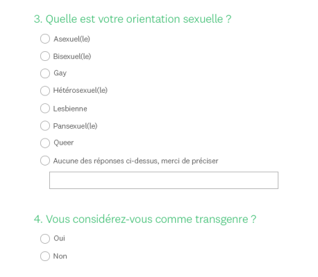 Capture d’écran de deux questions de sondage : Quelle est votre orientation sexuelle ? Vous considérez-vous comme transgenre ?