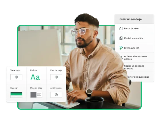 Un homme en train de travailler sur un ordinateur avec, en incrustation, des captures d’écran illustrant la conception d’un sondage dans SurveyMonkey