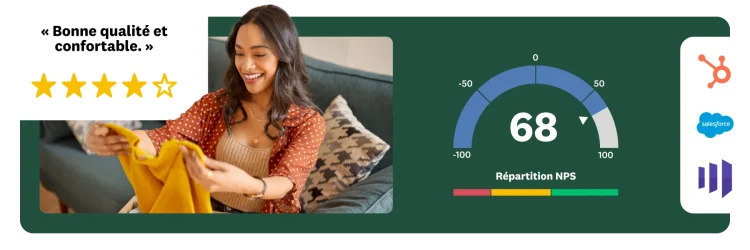 Une femme tenant un vêtement avec une évaluation à 4 étoiles, un score NPS de 68 et des logos d’intégration en superposition.