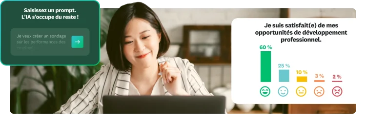 Une femme à son bureau en train de regarder un ordinateur portable avec, en incrustation, une fenêtre contextuelle affichant un prompt d’IA et un graphique montrant les résultats d’un sondage