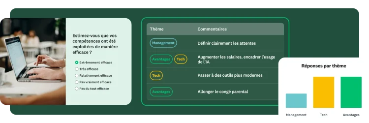 Une personne en train de taper sur un ordinateur portable, avec, en incrustation, une question de sondage et des réponses classées par thèmes.
