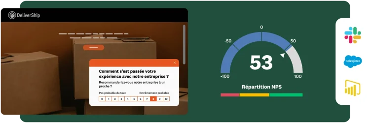 Une vue du site Web DeliverShip avec, en incrustation, un sondage de satisfaction client et, sur la droite, un graphique affichant les données NPS et les logos de diverses intégrations