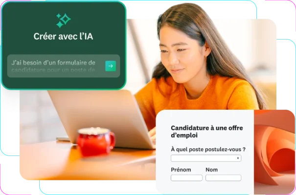 Une femme souriante en train de consulter son ordinateur portable avec, en incrustation, un formulaire de candidature à une offre d’emploi et un prompt d’IA