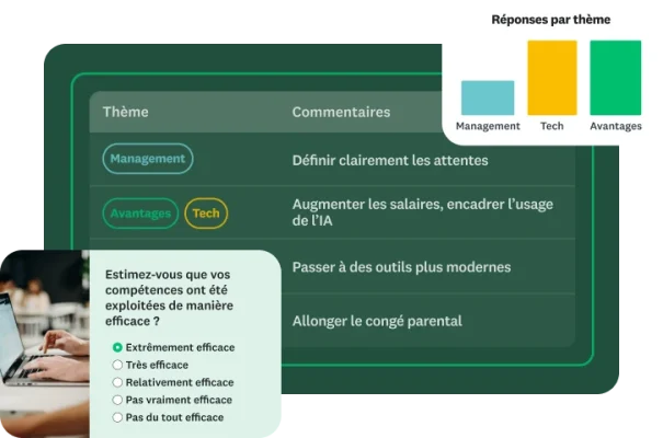 Une personne en train de taper sur un ordinateur portable, avec, en incrustation, une question de sondage et des réponses classées par thèmes.