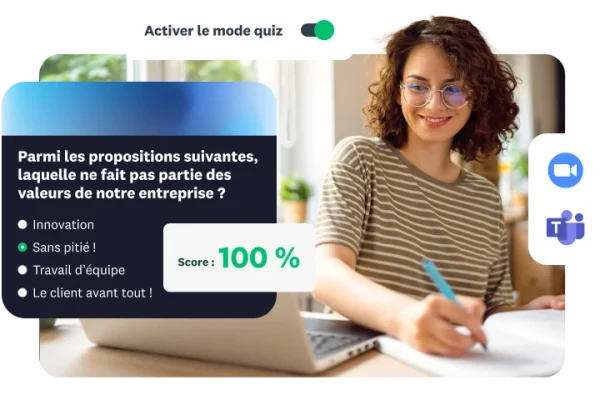 Une femme travaillant sur un ordinateur portable avec, en incrustation, une question de quiz sur les valeurs de l’entreprise, l’option « Activer le mode Quiz » et un score de 100 %.