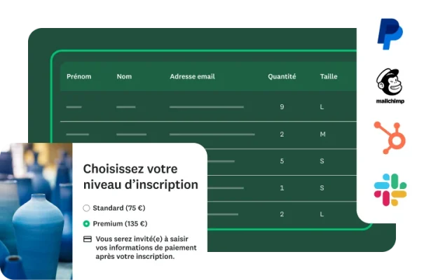 Extrait d’un formulaire d’inscription à un événement et tableau stylisé d’une liste de participants, avec, en incrustation, les logos de différentes intégrations à SurveyMonkey