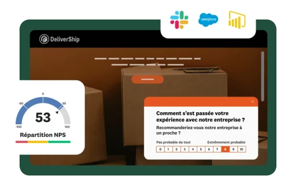 Une vue du site Web DeliverShip avec, en incrustation, un sondage de satisfaction client et, sur la droite, un graphique affichant les données NPS et les logos de diverses intégrations