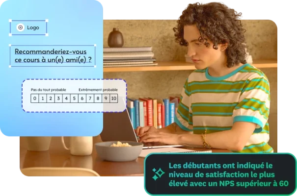 Une personne utilisant un ordinateur portable avec en superposition un sondage de recommandation de cours et en légende un score NPS.
