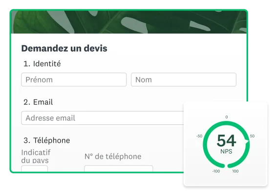 Capture d’écran d’un formulaire de demande de devis et d’un score NPS