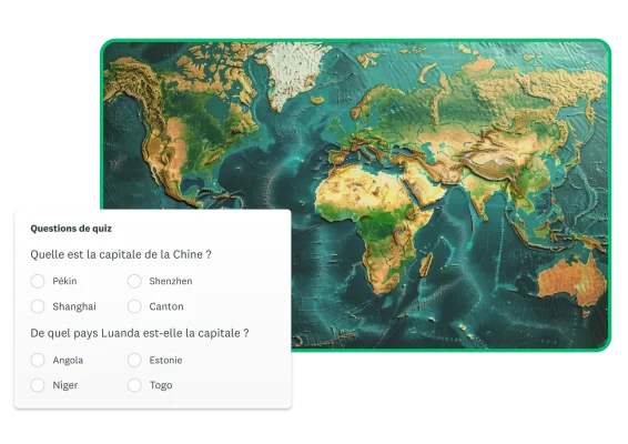Capture d’écran d’un quiz SurveyMonkey portant sur les capitales de pays, avec une mappemonde en arrière-plan