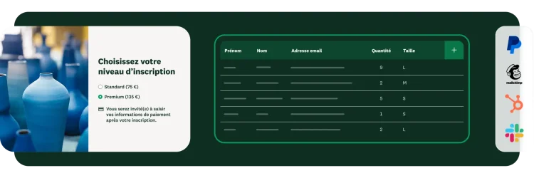 Extrait d’un formulaire d’inscription à un événement et tableau d’une liste de participants, avec, en incrustation, les logos de différentes intégrations à SurveyMonkey