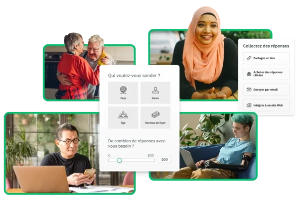 Un couple de personnes âgées en train de danser, une femme portant un hijab rose, un jeune homme avec une prothèse utilisant un ordinateur et un homme plus âgé portant des lunettes, en train de regarder son smartphone. En incrustation des captures d’écran contenant les questions « Qui voulez-vous sonder ? » et « De combien de réponses avez-vous besoin ? », et les différentes options pour collecter des réponses de sondage.