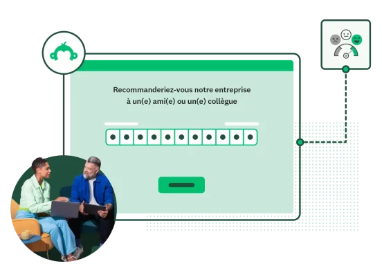 Deux personnes consultant un ordinateur portable, avec en arrière-plan la question « Recommanderiez-vous cette entreprise à un(e) ami(e) ou un(e) collègue ? »