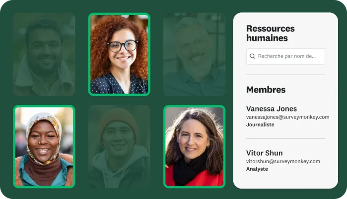 Photos de différents employés, à côté d’un encadré présentant les membres des ressources humaines, leurs nom, adresse email et niveau d’accès