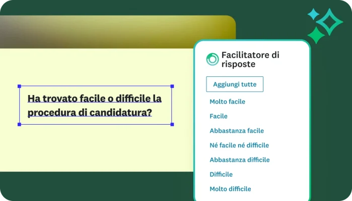 Interfaccia di creazione indagine con la domanda: "Ha trovato facile o difficile la procedura di candidatura?". Sulla destra un riquadro del Facilitatore di risposte che suggerisce una scala a più punti che va da "Estremamente facile" a "Estremamente difficile".