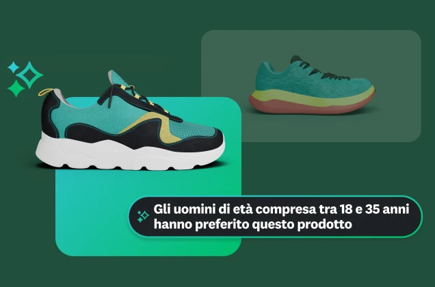 Una grafica che mostra due immagini di scarpe da corsa. Nella casella di testo presente si legge: &quot;Gli uomini di età compresa tra 18 e 35 anni hanno preferito questo prodotto&quot;, evidenziando un'informazione demografica specifica.