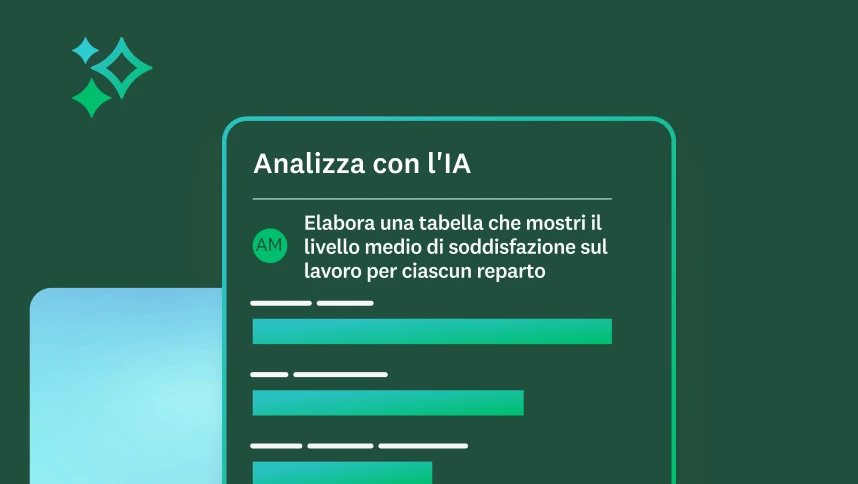 Schermata che mostra un prompt di analisi tramite IA per generare una tabella che mostri il livello medio di soddisfazione sul lavoro per ciascun reparto.