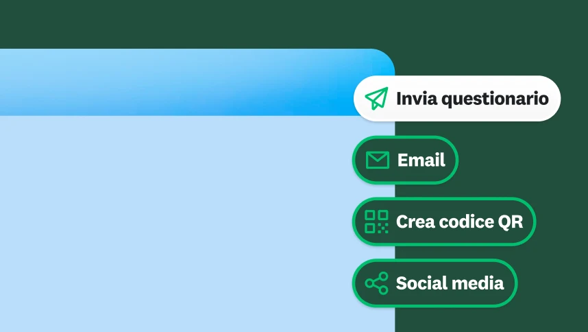 Schermata di un menu con le opzioni per l'invio dei sondaggi via email, la creazione di un codice QR e il collegamento ai social media.