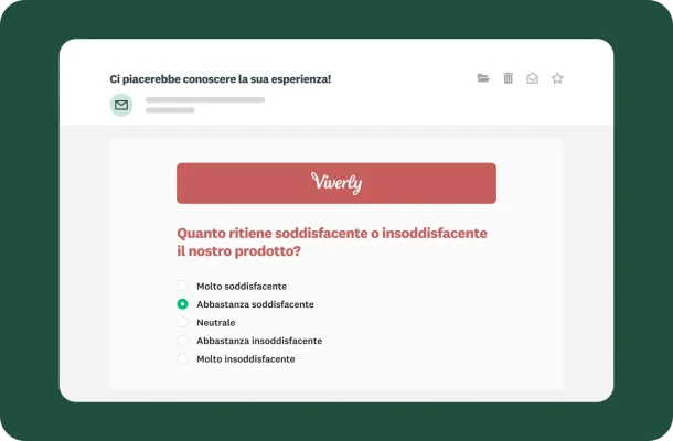 Email con un'indagine sulla soddisfazione dei clienti di Viverly. La domanda contenuta nel messaggio chiede: "Quanto ritiene soddisfacente o insoddisfacente il nostro prodotto?" e offre 5 opzioni di risposta.