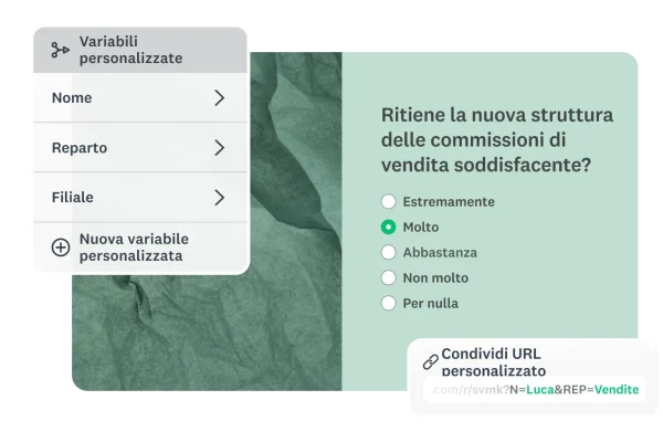 Schermata che mostra come utilizzare le variabili personalizzate (Nome, Reparto, Filiale) per personalizzare l'URL di un sondaggio e acquisire automaticamente i dettagli dei rispondenti.