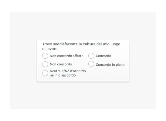 Domanda a scala Likert in cui si chiede al dipendente se trova soddisfacente la cultura del suo luogo di lavoro