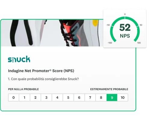Schermata della domanda Net Promoter Score, accanto a un punteggio NPS finale di 52