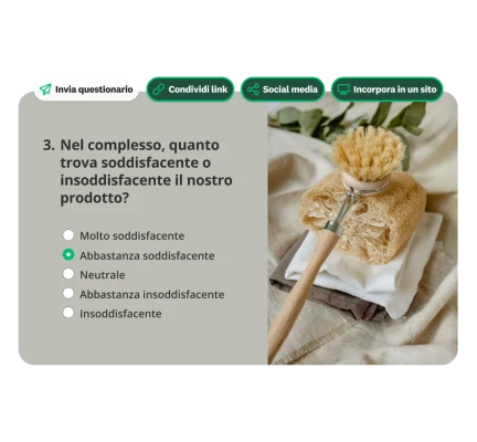 Una domanda di sondaggio che chiede "Complessivamente, quanto trova soddisfacente o insoddisfacente il nostro prodotto?"