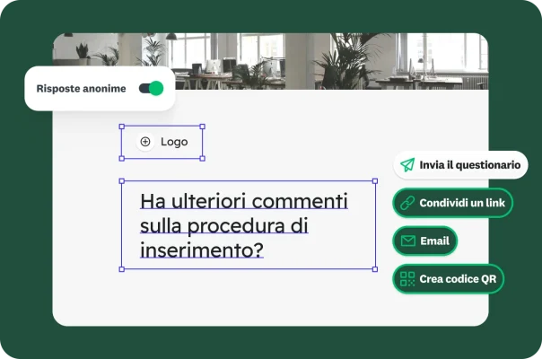 Schermata della creazione di un'indagine sull'inserimento dei nuovi assunti con le opzioni di invio, condivisione e anonimato delle risposte.
